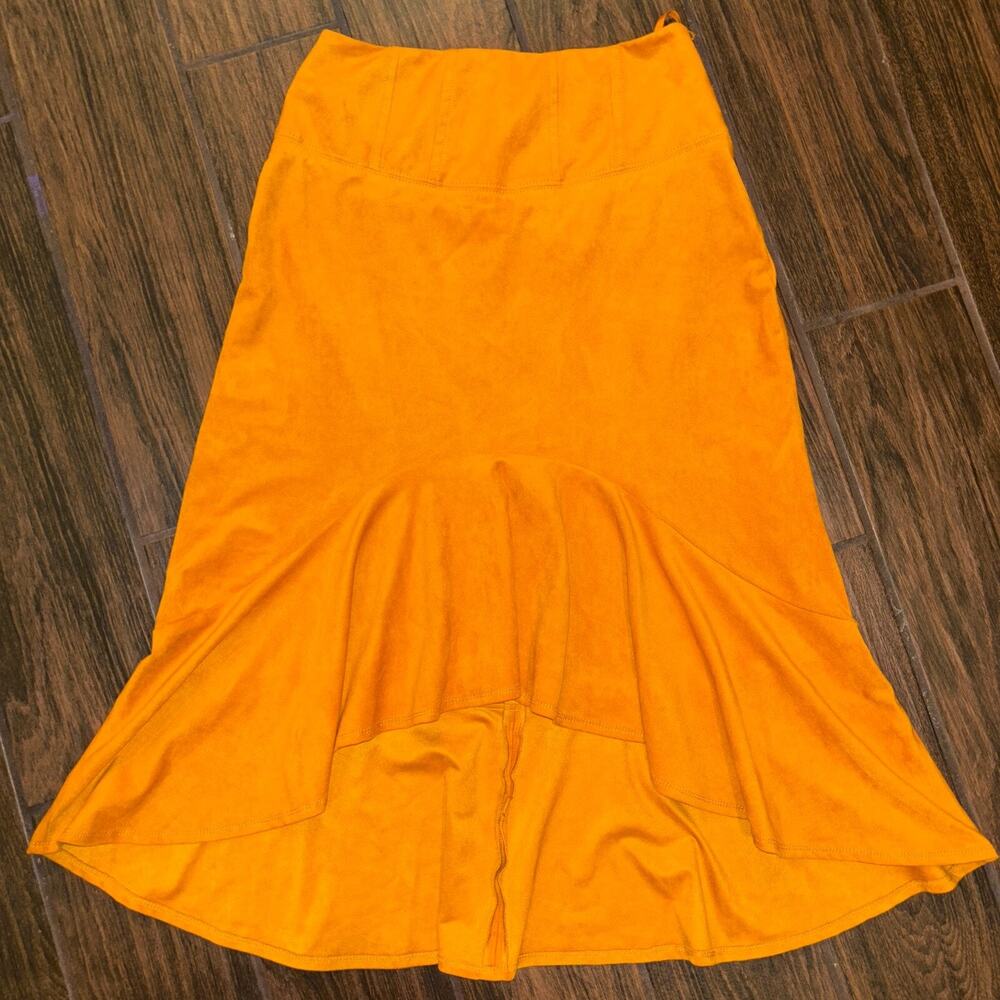 Anthropologie Maeve Cosima Flounce Poly Suede Midi Skirt Gold Mustard Size 2P